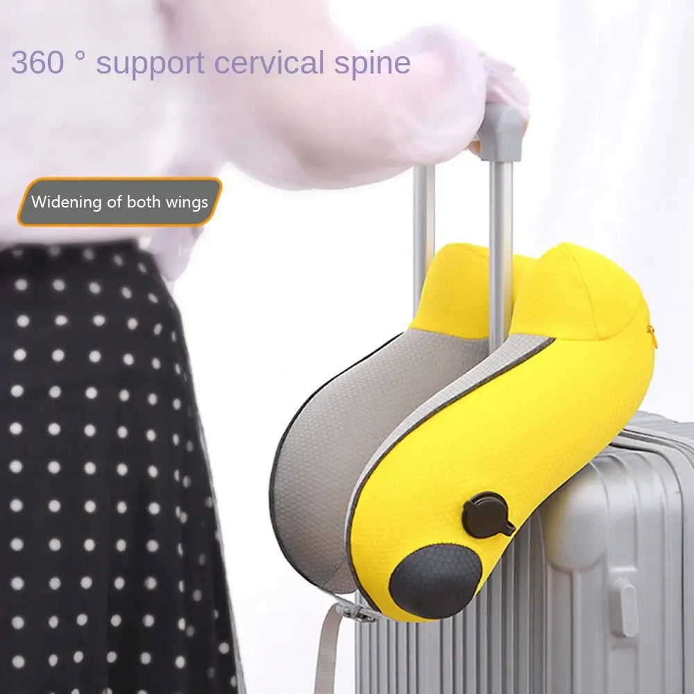 New U-Shaped Travel Neck Pillow Elastic Fabric Foldable Inflatable Pillow Press Type Neck Support Cushion Airplane Pillow