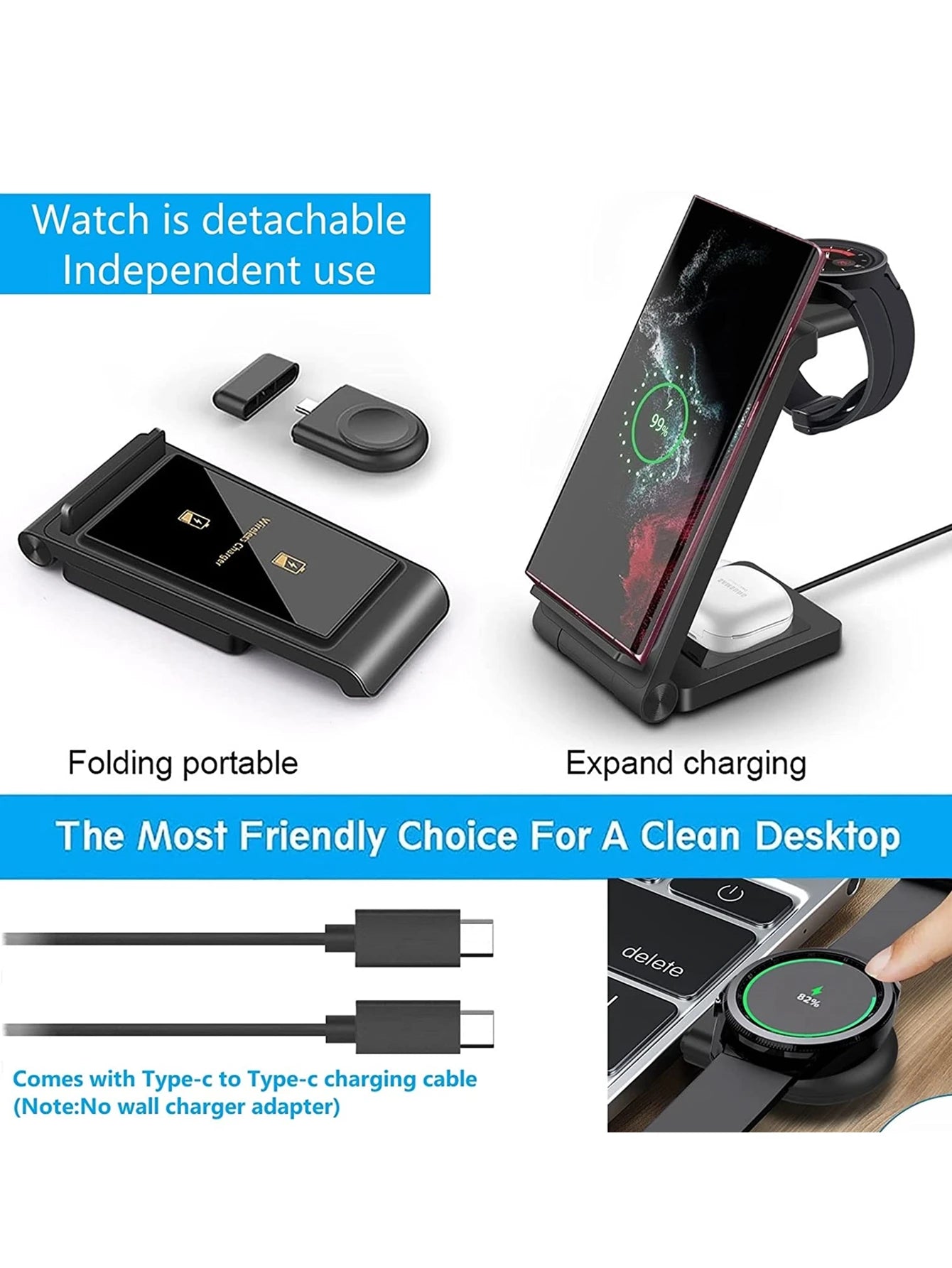 3 in 1 Wireless Charger for S24 S23 Ultra/S22/S21/Note 20/Z Flip 6/Z Fold 6 Fast Charging Station for Galaxy Watch 7 Pro