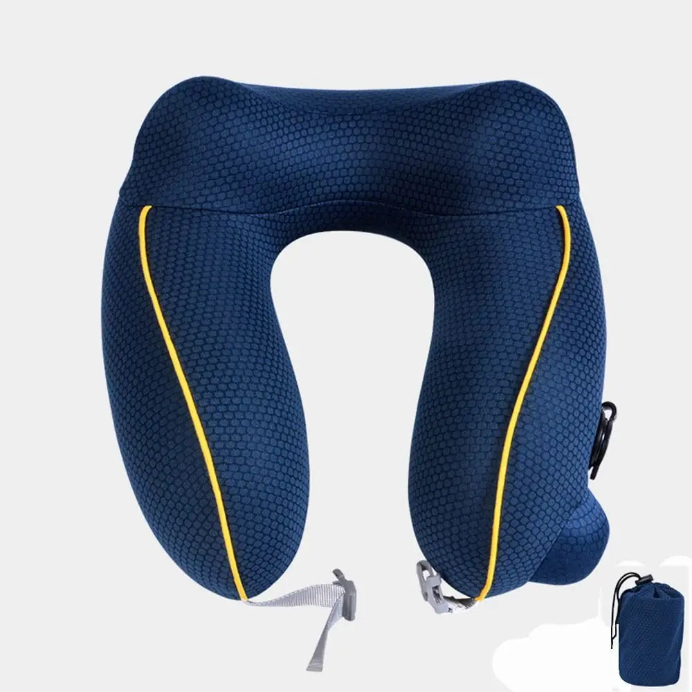 New U-Shaped Travel Neck Pillow Elastic Fabric Foldable Inflatable Pillow Press Type Neck Support Cushion Airplane Pillow