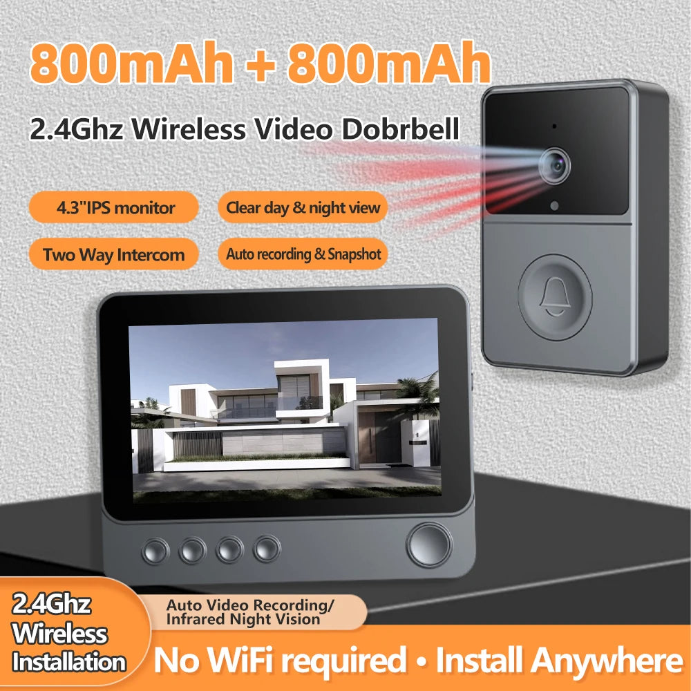 2.4Ghz Wireless Two Way Audio Intercom Infrared Night Vision Door Monitoring Doorbell Video Camera 4.3" IPS Screen 640X480P View