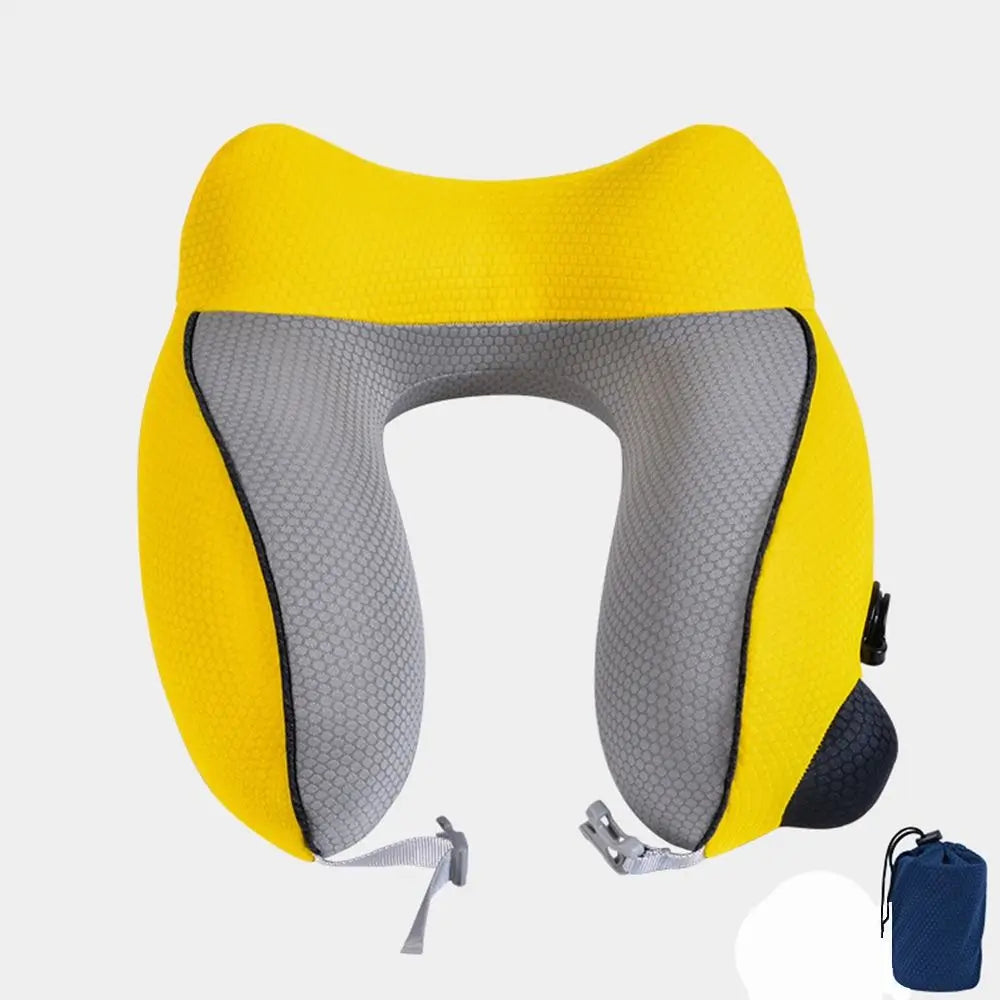 New U-Shaped Travel Neck Pillow Elastic Fabric Foldable Inflatable Pillow Press Type Neck Support Cushion Airplane Pillow