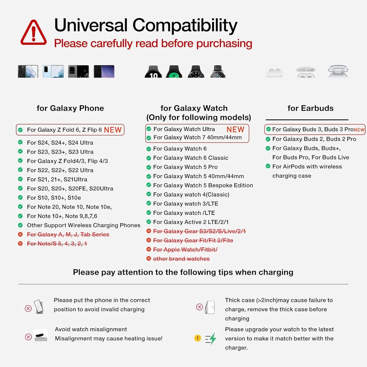 3 in 1 Wireless Charger for S24 S23 Ultra/S22/S21/Note 20/Z Flip 6/Z Fold 6 Fast Charging Station for Galaxy Watch 7 Pro